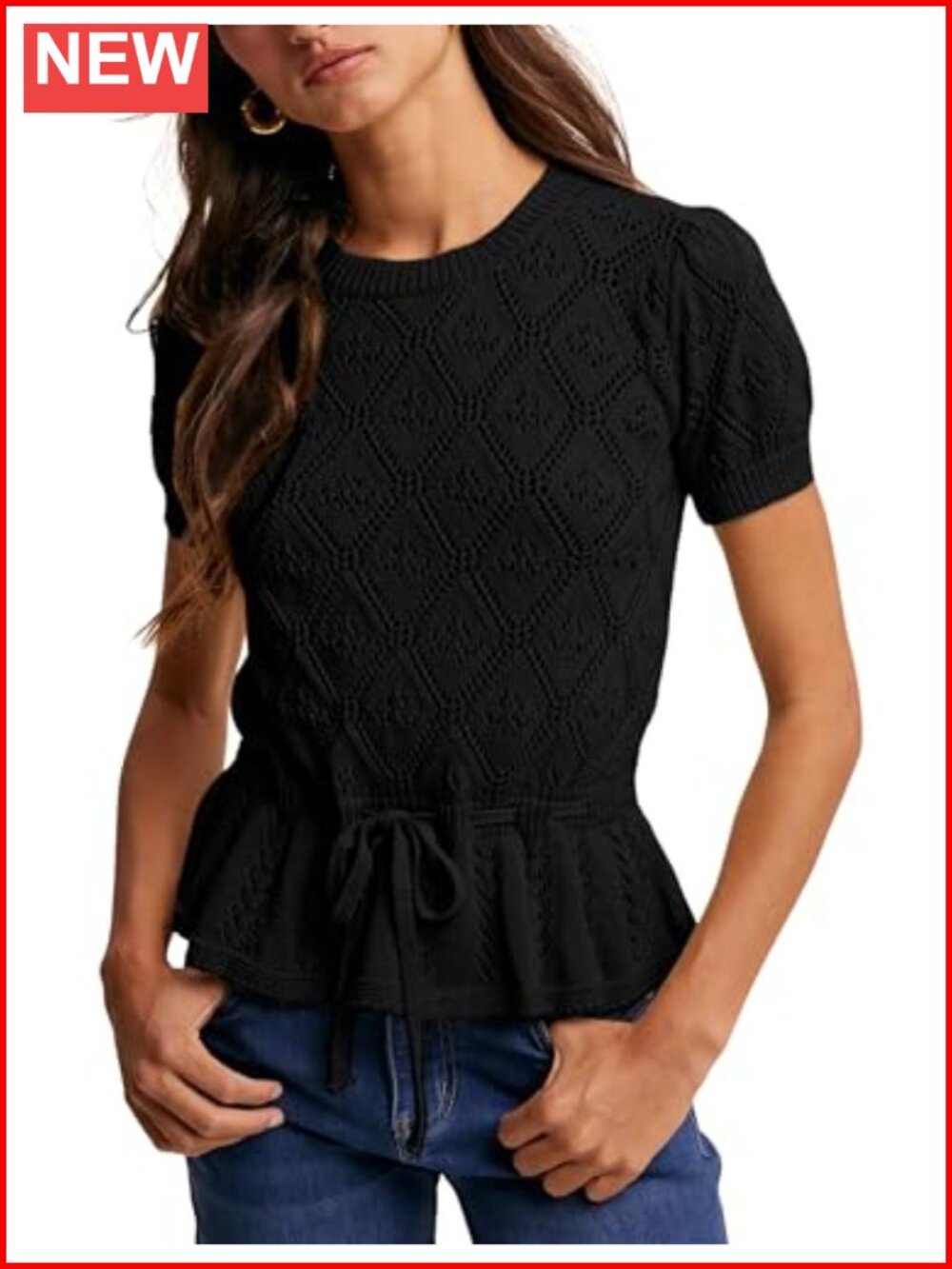 Women's Crochet Knit Peplum Top Short Sleeve Tie Front Pullover